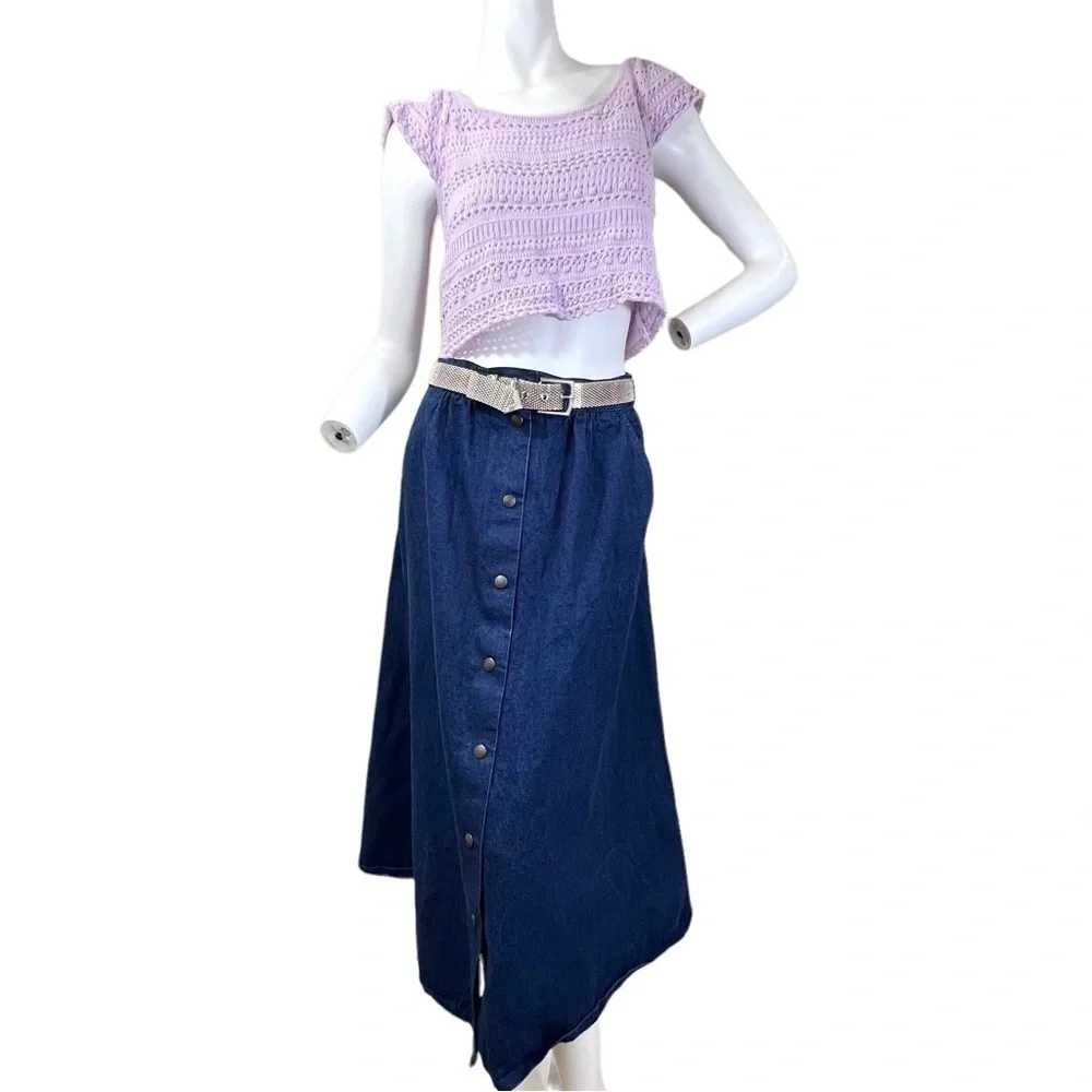 Vintage Denim Midi Skirt Womens Size 8 Dark Wash Cotton